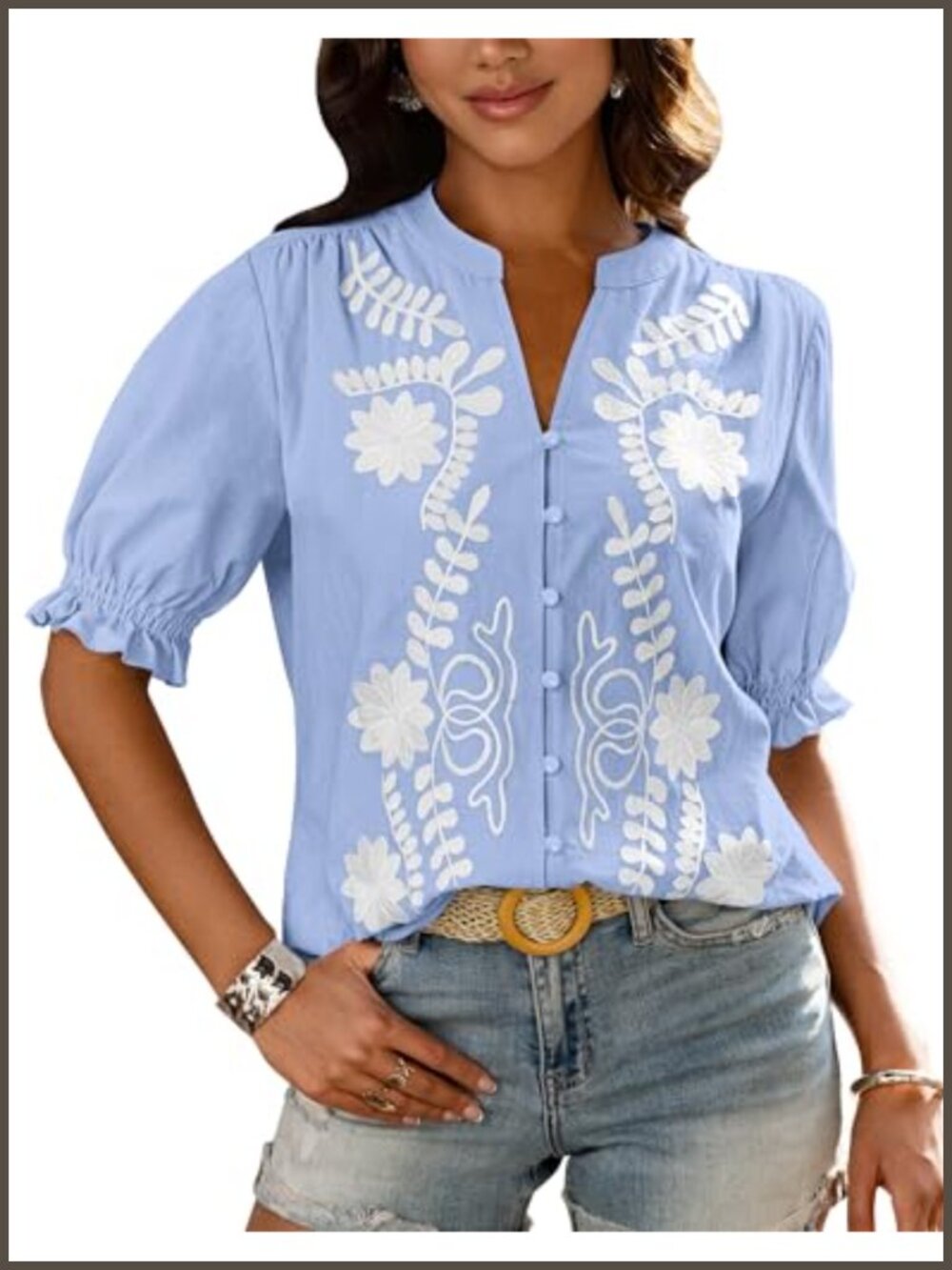 Embroidered Cotton V-Neck Puff Sleeve Blouse Button Down Shirt Casual Summer Top